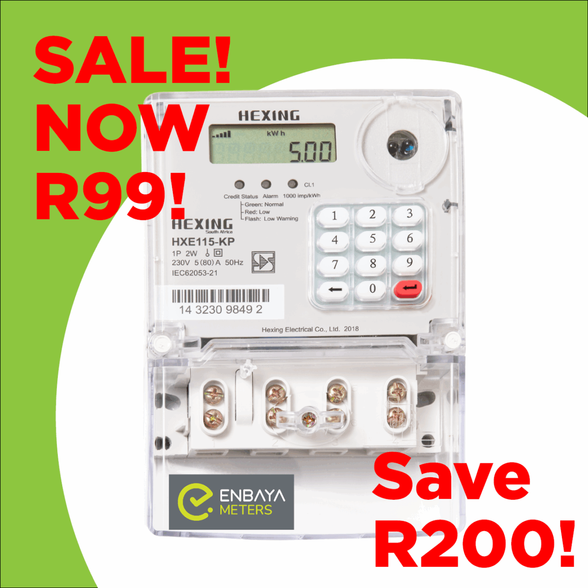 sale,hexing,single phase,integrated,electricity,submeter,prepaid,enbaya,HXE115-KP